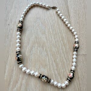 Vintage Faux Pearl & Cloisonne Enamel Hand Painted Beaded Necklace